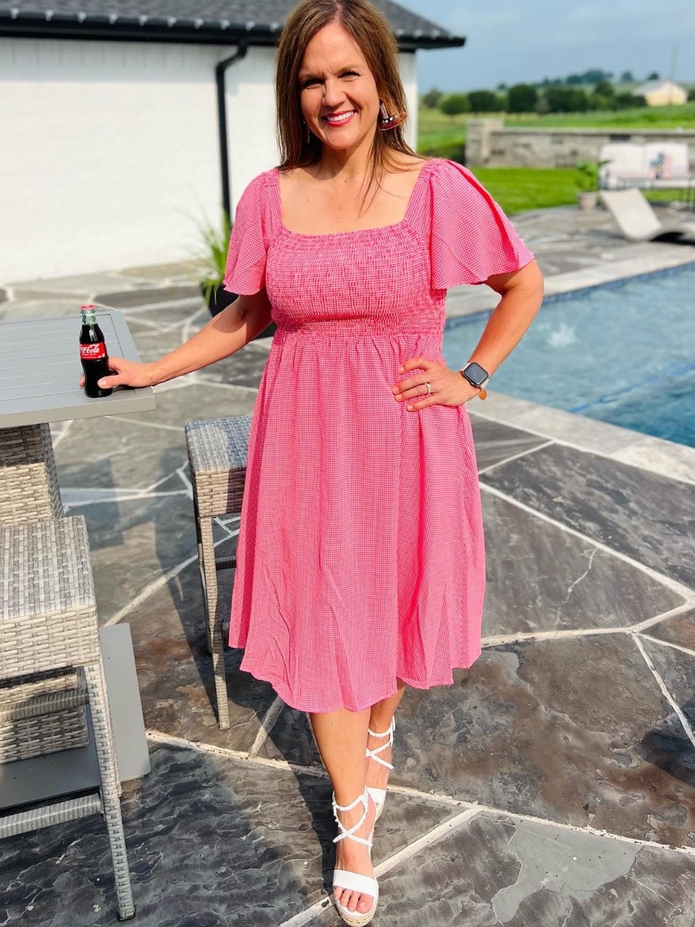 Women's Gingham Square-Neck Midi Dress with Smocked Bodice